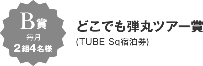 B賞2組4名様、どこでも弾丸ツアー賞(TUBE Sq宿泊券)